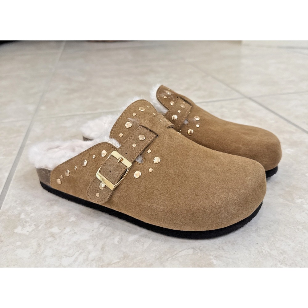 NEW Greystone Leather collection Faux Fur Rivets Buckle Clogs Slides Size 7